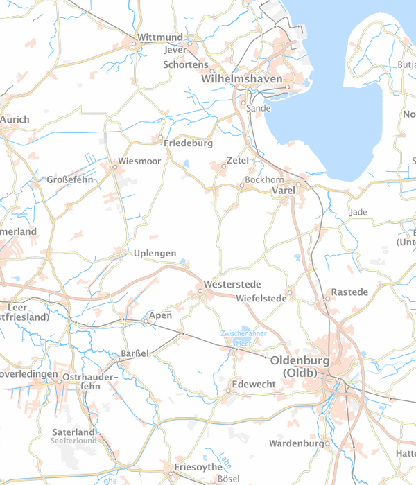 Regionale Karte mit Westerstede, Oldenburg, Leer und Wilhelmshaven. Westerloy liegt südwestlich von Westerstede und ist rot markiert.