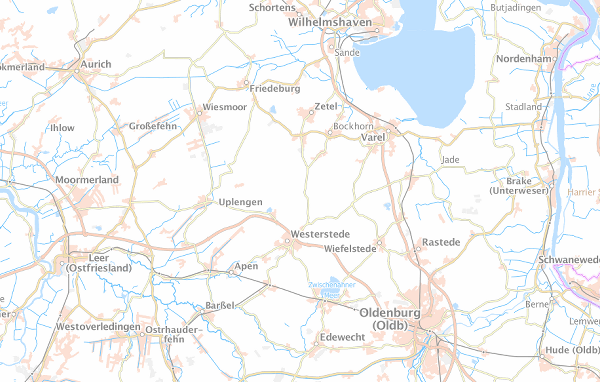 Regionale Karte mit Westerstede, Oldenburg, Leer und Wilhelmshaven. Westerloy liegt südwestlich von Westerstede und ist rot markiert.